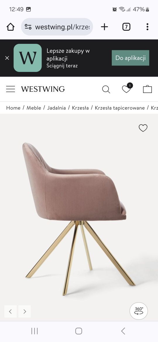 Krzesło Tapicerowane Aksamit Velvet obrotowe Westwing Różowe Glamour