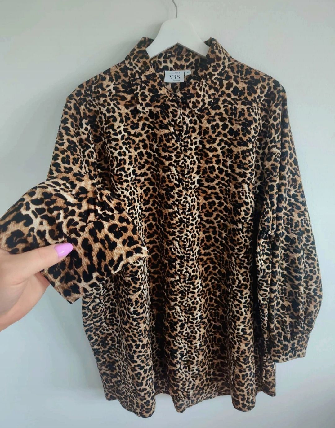 Koszula długa damska 48 panterka oversize brązowa lekka plus size