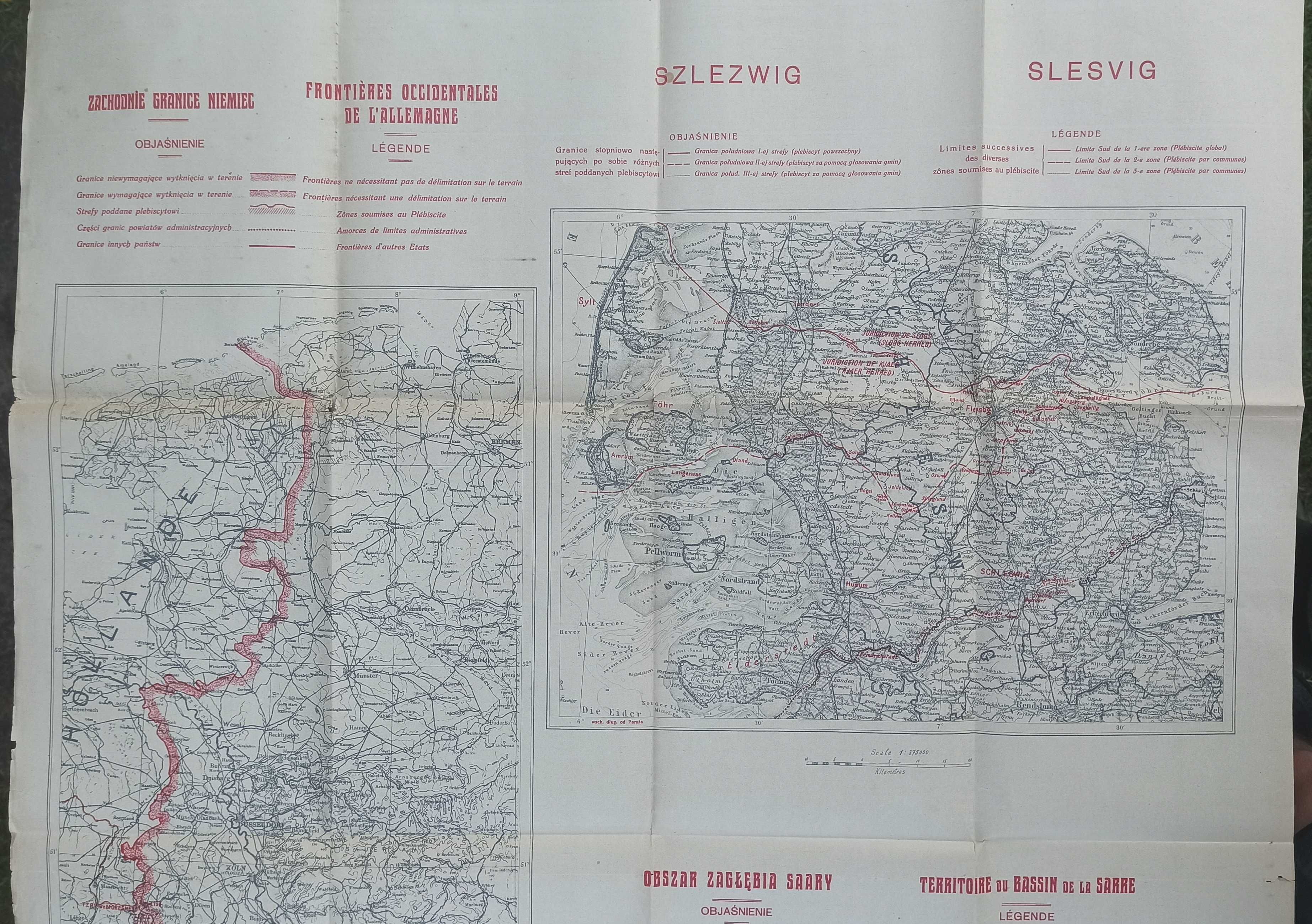 Stara mapa "Zachodnie granice Niemiec, Szlezwig, Zagłębie Saary",1919r