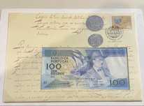 Nota de Cem Escudos prefixo FIL em envelope selado.