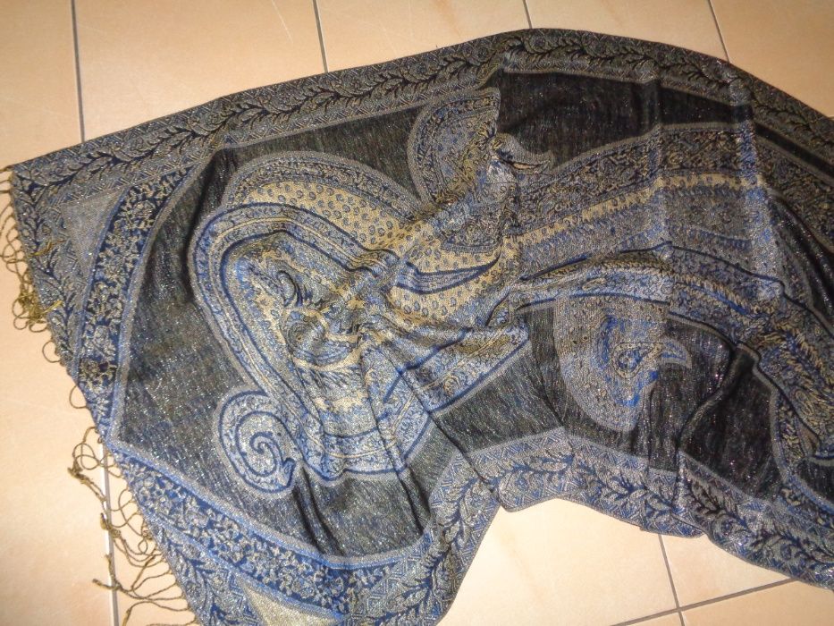 30 Silk 70 Pashmina ZŁOTA NITKA dwustronny duży szal szalik błyszczący