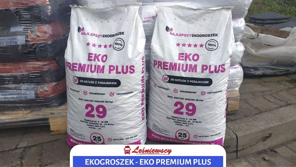 Najlepszy EKOGROSZEK-EKO PREMIUM PLUS popiół do 3% 29-27Mj transport