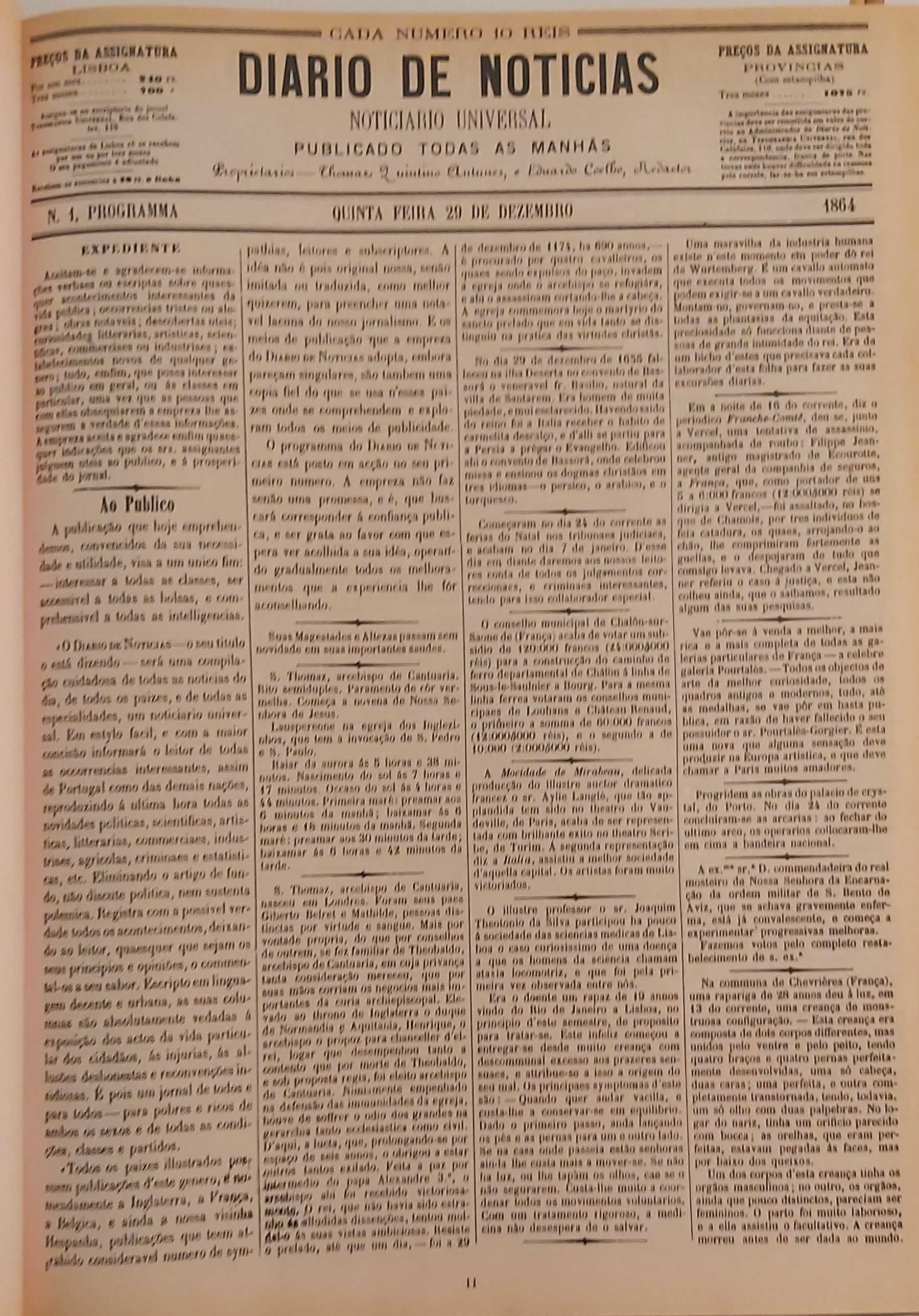 1ª Página dos Diários de Notícias de 1864 a 1994