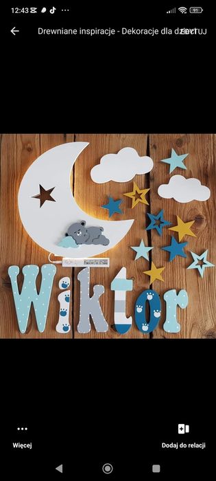 Drewniana dekoracja dla dzieci - lampka na ścianę plus literki