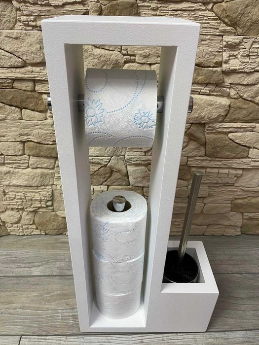 Stojak drewniany na papier toaletowy biały mat / połysk + szczotka wc