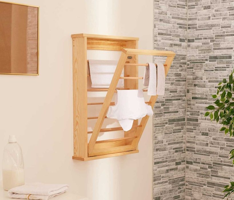 Suszarka na ubrania ścienna Wisząca z naturalnego drewna Powystawowa