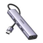 Adapter UGREEN 5w1 USB-A do 3x USB 3.0 + RJ45 + USB-C  CM475(szary)