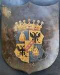 Stary kartusz herbowy, herb szlachecki z Kurlandii, zabytkowy, antyk.