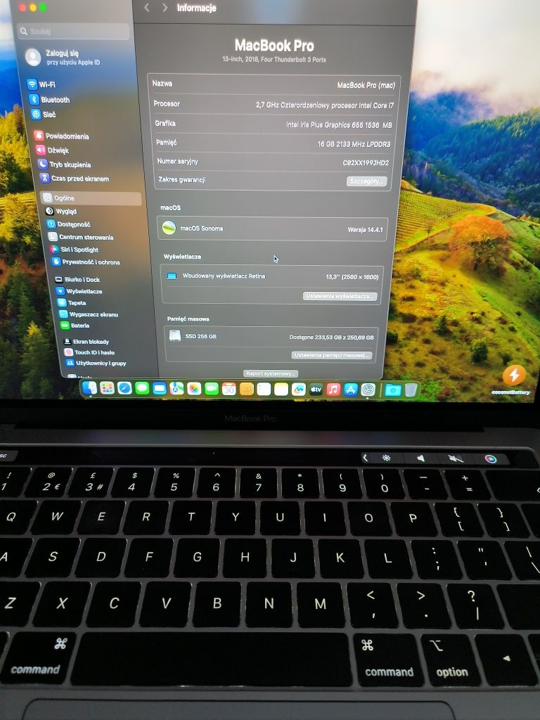 MacBook Pro 13,3" Retina, i7, ram 16gb, ssd 256gb,TB, rok 2019