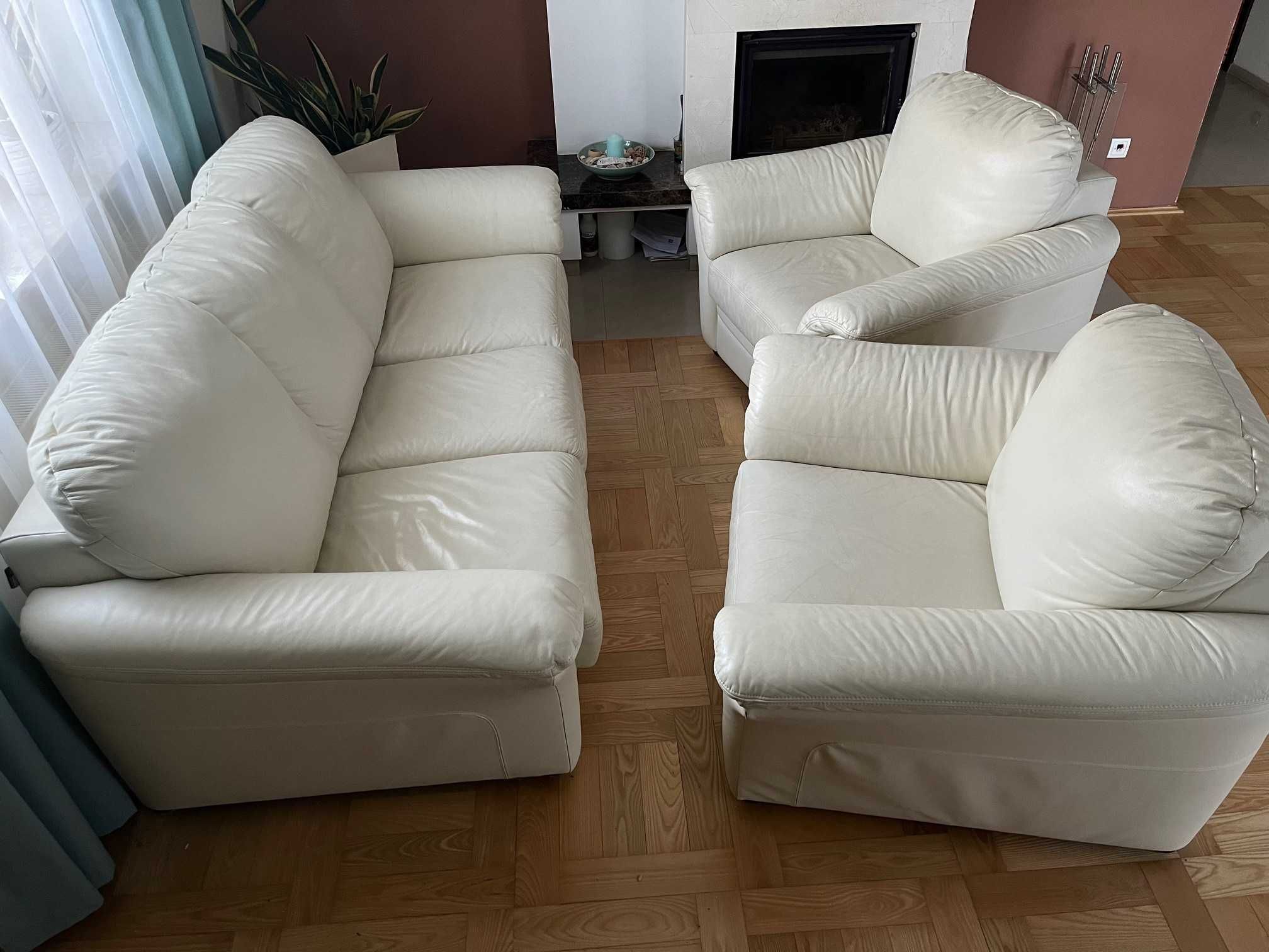 Wypoczynek komplet sofa rozkładana + 2 fotele skórzany kolor ecru