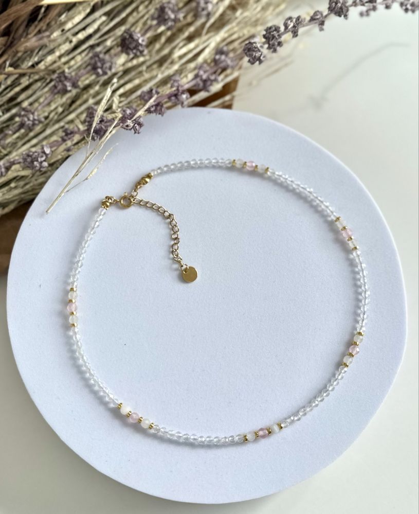 Naszyjnik choker z kamieni naturalnych kwarc różowy kryształ górski