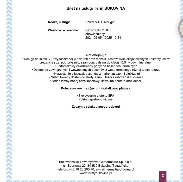 Termy Bukovina pakiet Silver VIP w Bukowinie Tatrzańskiej