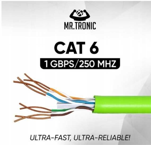 Mr. Tronic Kabel LAN do Sieci Ethernet 100m 1Gbps, 250MHz Zielony