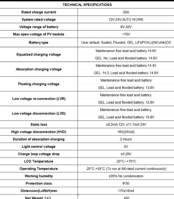 Sterownik paneli fotowoltaicznych 12v24v MPPT 20A AGM-LifePO4-LiOn