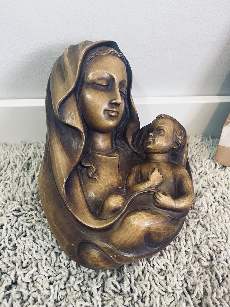 Brazowa figurka figura antyczna ikona matka boska z jezusem chrystusem