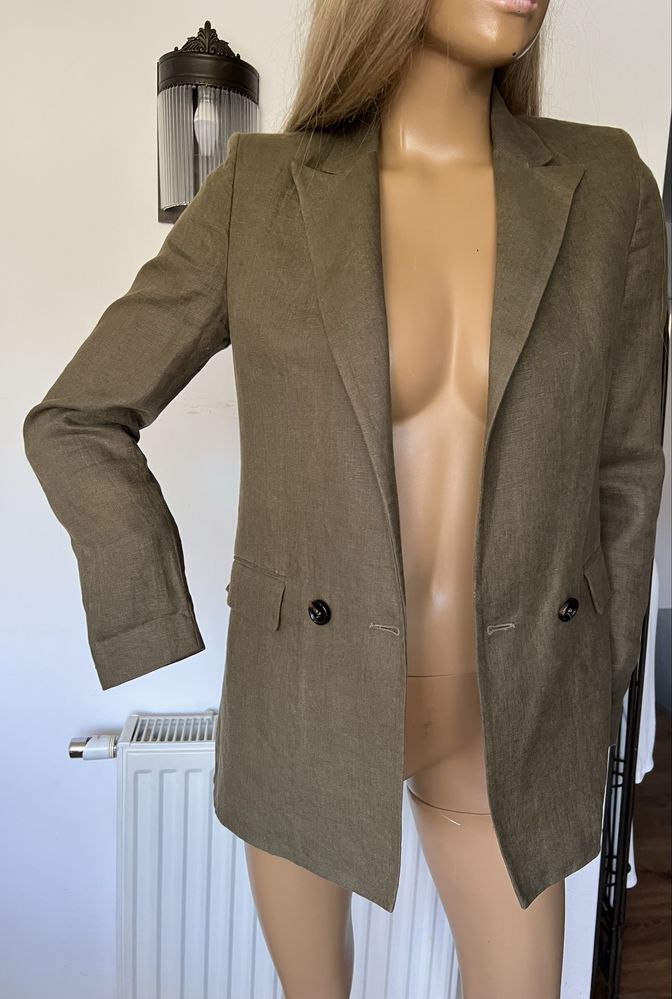 Mango lniana marynarka xs damska zielona khaki len długa lekka