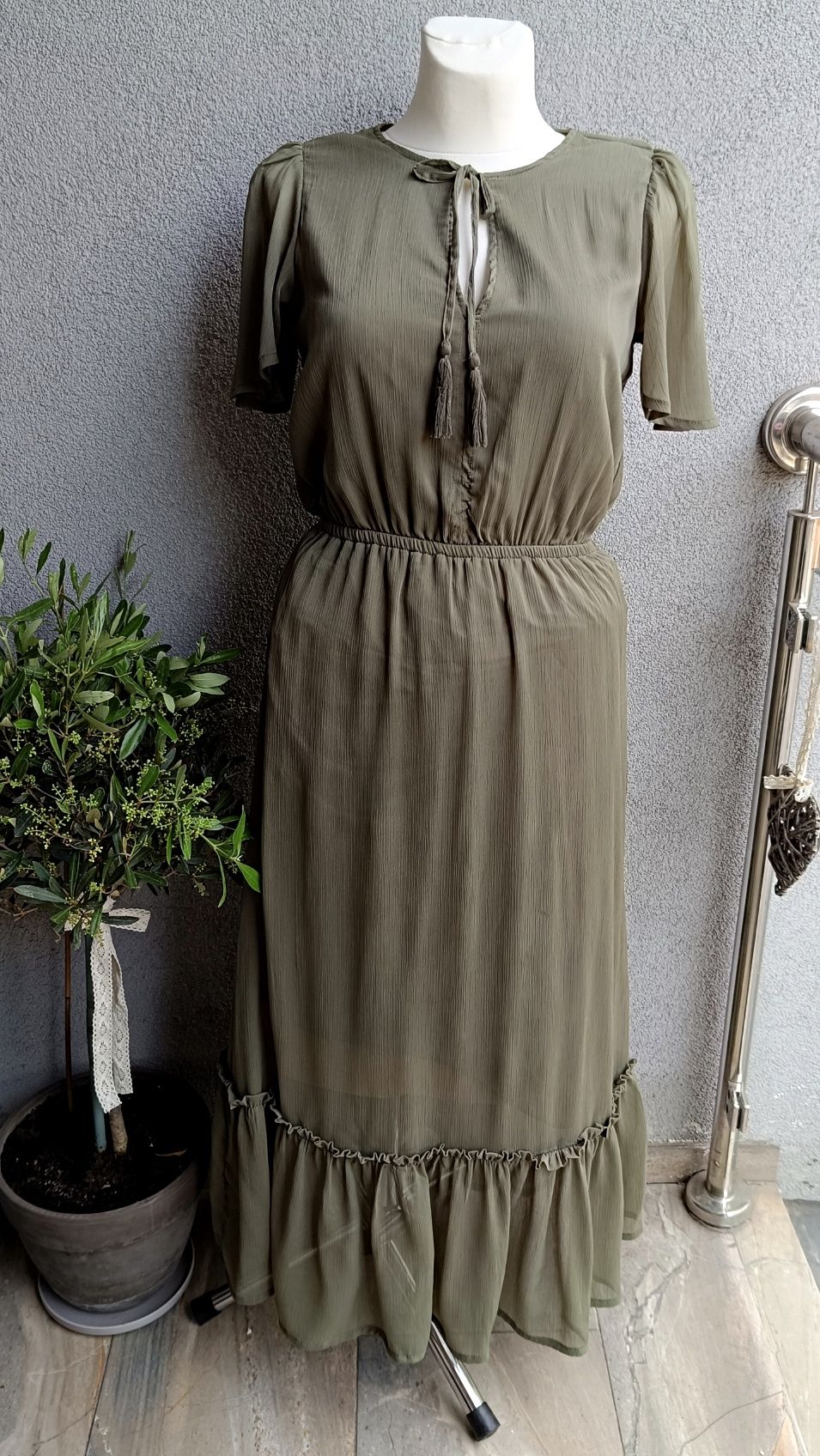 Sukienka midi boho hippie M L biust 48x2 motylkowe rękawy khaki