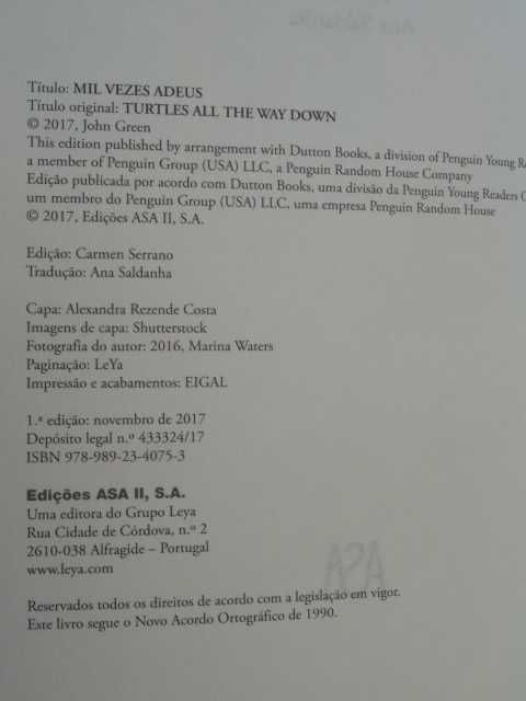 Mil Vezes Adeus de John Green - 1ª Edição