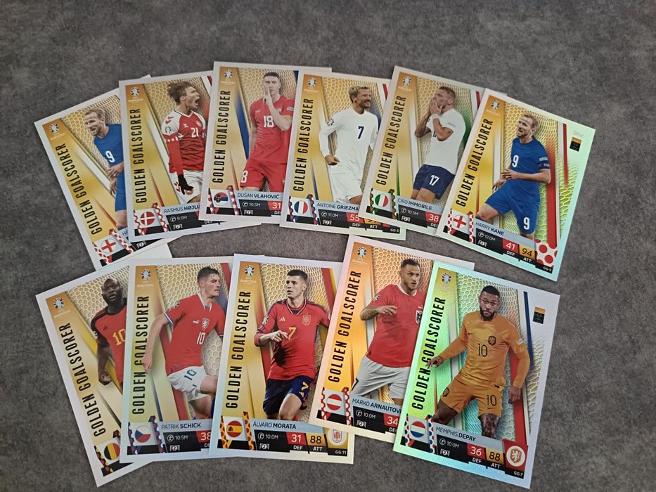 Karty piłkarskie Euro 2024 Topps Golden Goalscorer komplet 11 kart.