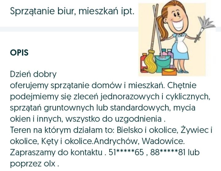 Sprzątanie biur , pomieszczeń po remoncie itp. Koszenie trawników.