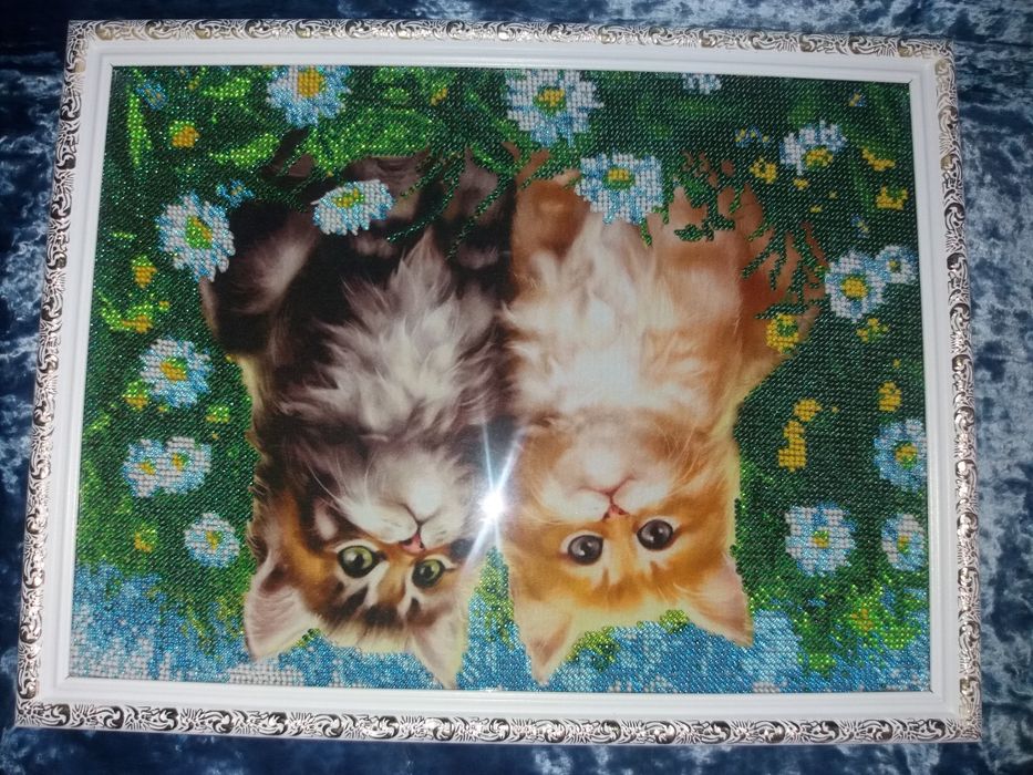 Картина из чешского бисера, в рамке со стеклом, котята