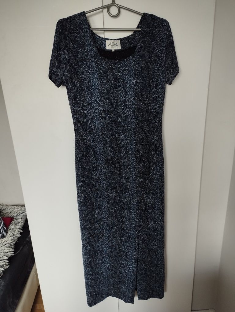 Sukienka granatowa długa midi wężowy wzór elegancka 42 XL