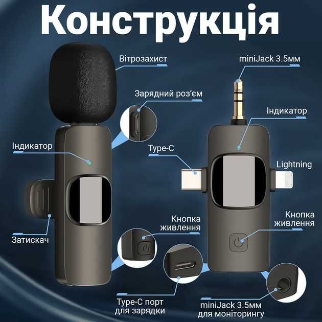 Бездротовий петличний мікрофон петличка 3в1: Lightning/Type-C/miniJack