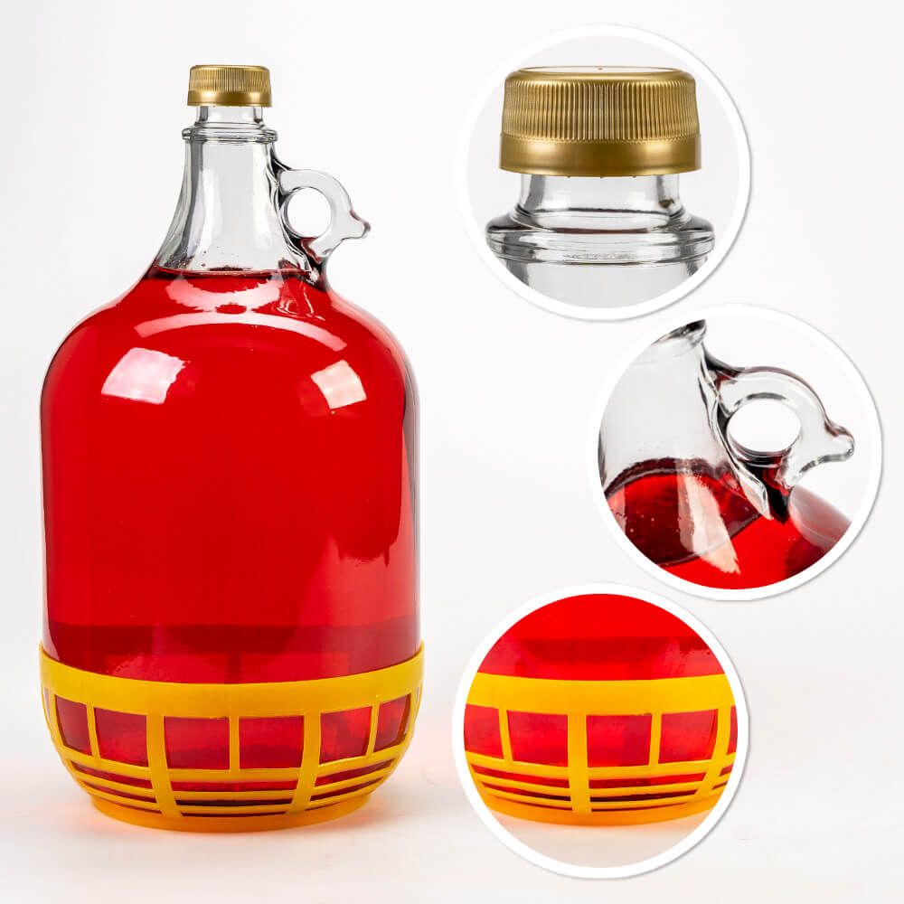 4x gąsior - 5 l - balon, dama na wino w koszyku z zakrętkami