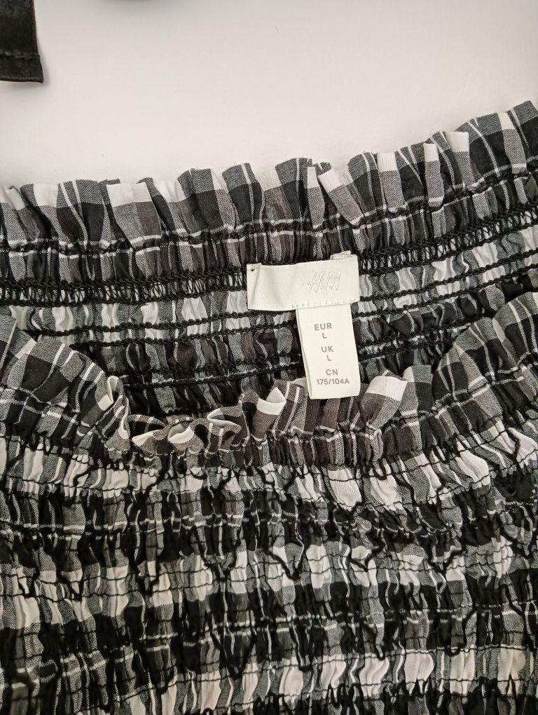 H&M marszczona bluzka z bufkami w kratkę wstążka kokardka L