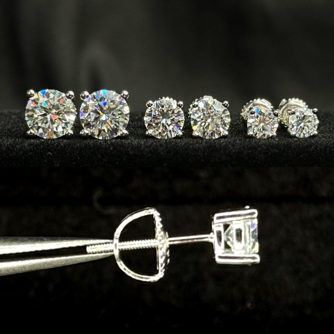 Сережки з діамантами (муассанітами) 1, 2, 4 ct пусети з різьбою
