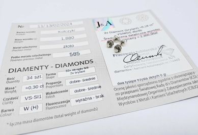 Piękne złote kolczyki 2xbrylant 0,16ct + 32szt diamentów 0,30ct