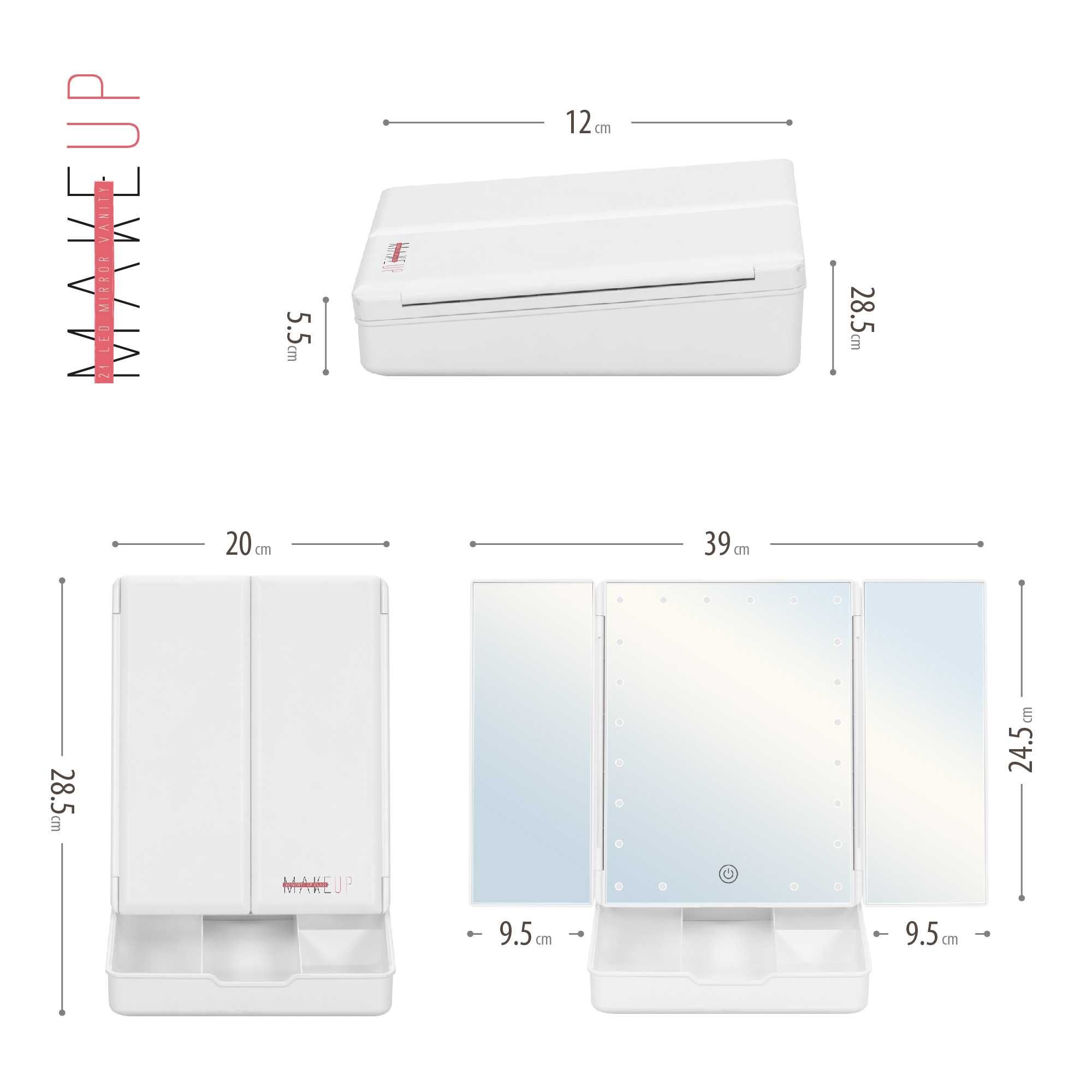 Espelho de Maquilhagem com 21 Pontos de Luz LED e Armazenamento