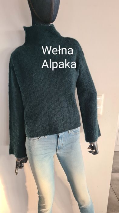 Golf Wełna, Alpaka. Butelkowa zieleń. Szerokie rękawy.  Rozmiar M S XS