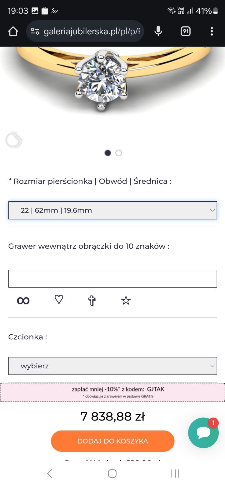 Złoty pierścionek z brylantem rozm. 22