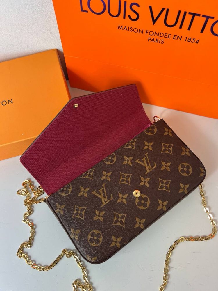 Skórzana torebka kopertówka Louis Vuitton Felicie Damier Ebene luks LV