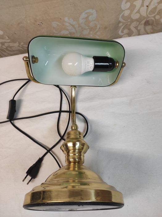 Lampa retro mosiężna  biurkowa z zielonym kloszem