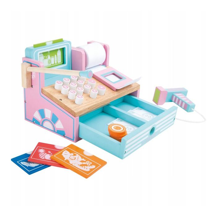 Drewniana kasa fiskalna dla dzieci z akcesoriami
