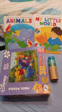 Zabawki puzzle książeczki angielski kredki zestaw dzieci