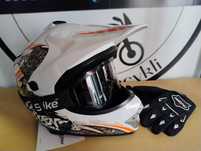 Zestaw Kask cross quad hulajnoga dziecięcy biały L + rękawice +gogle