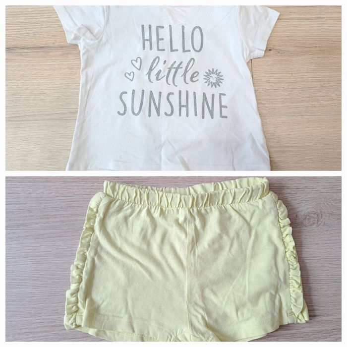 Komplet koszulka bluzka biała z krótkim rękawem Smyk 86 szorty zółte