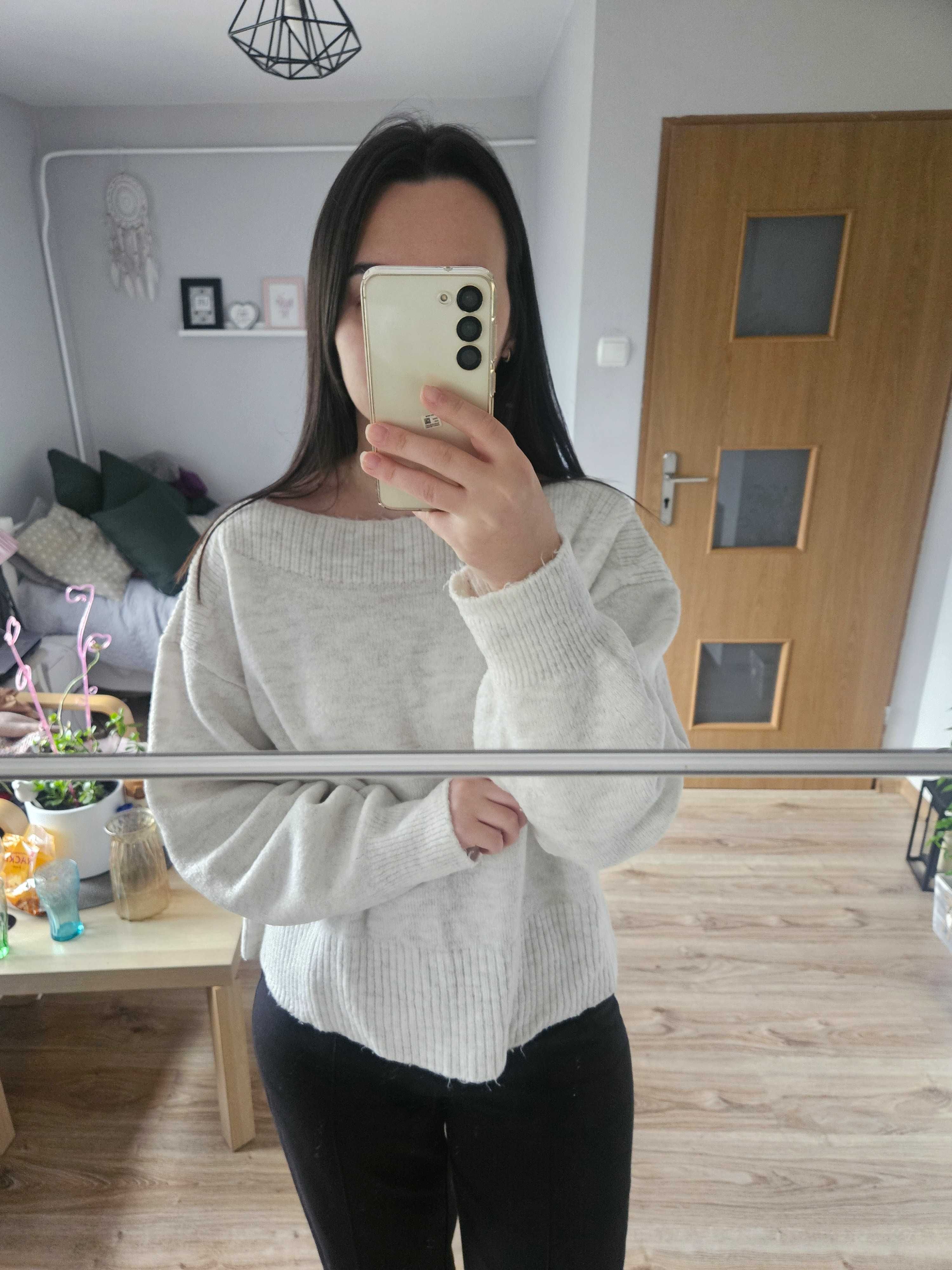 Sweter luźny melanżowy biały kremowy okryte ramiona łódka oversize M L