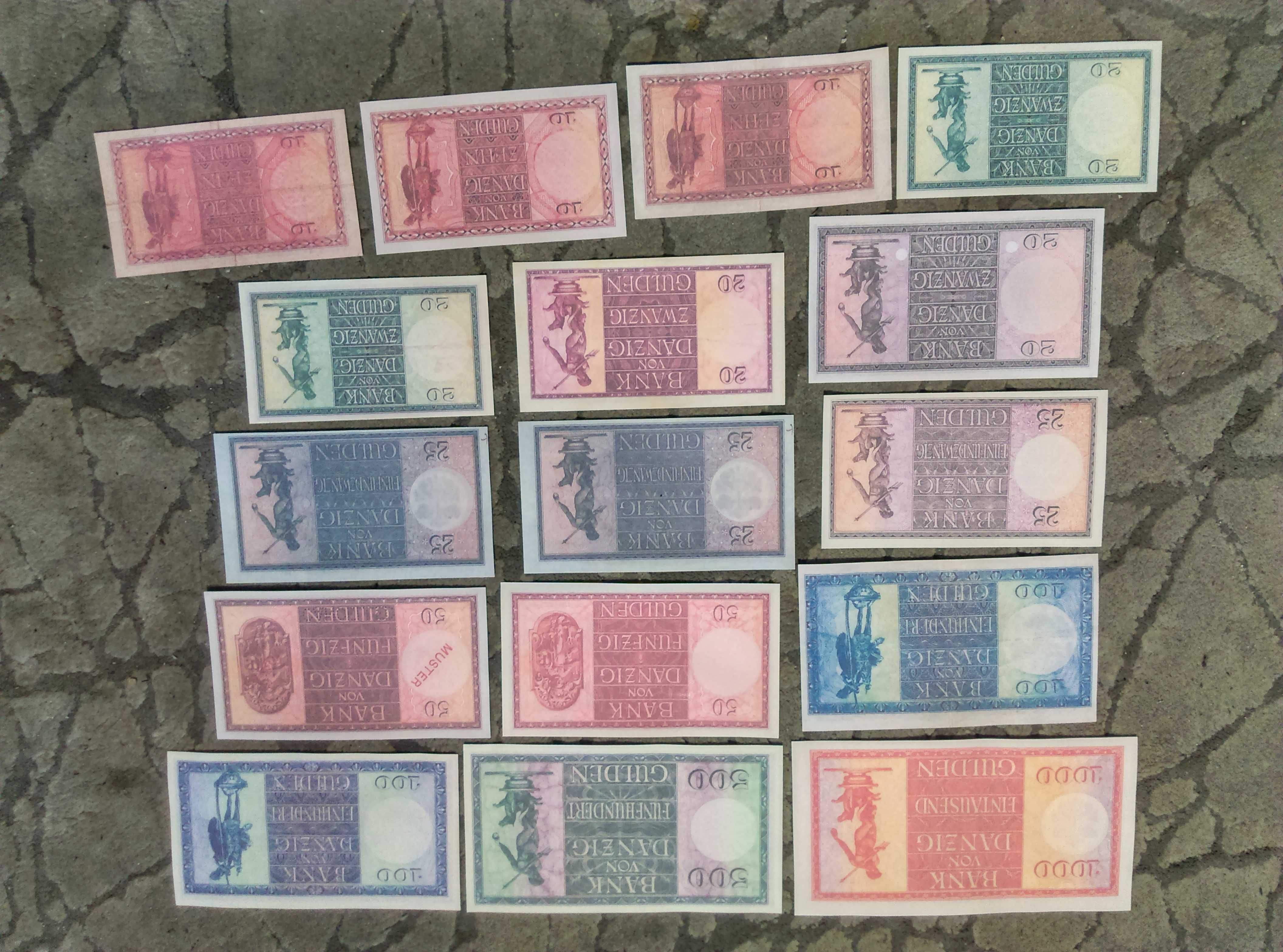 Wolne Miasto Gdańsk zestaw guldenów 16 banknotów od 1924 do 1938 roku