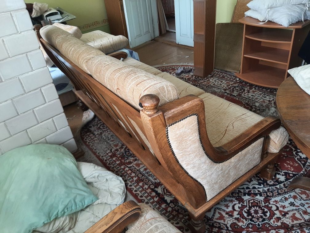 Komplet wypoczynkowy dębowy, sofa + 2 fotele