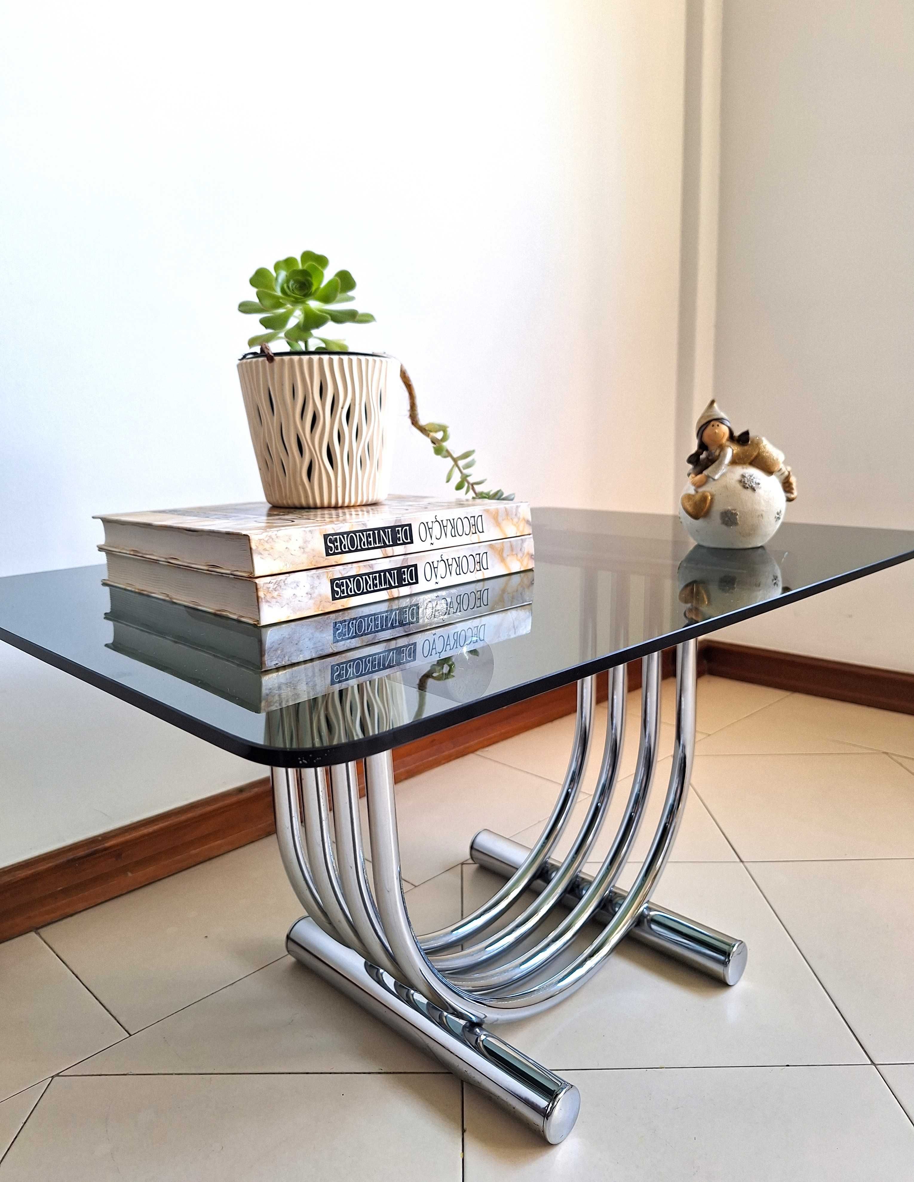 Mesa de centro / apoio cromada com vidro - Chrome coffee table 70s