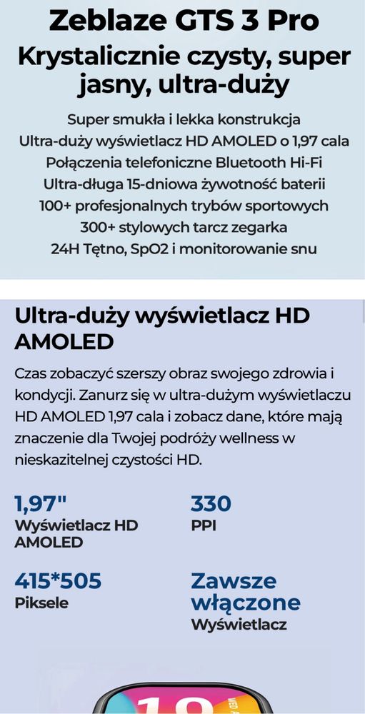 Smartwatch Zeblaze GTS 3 PRO oled pulsometr krokomierz nowy