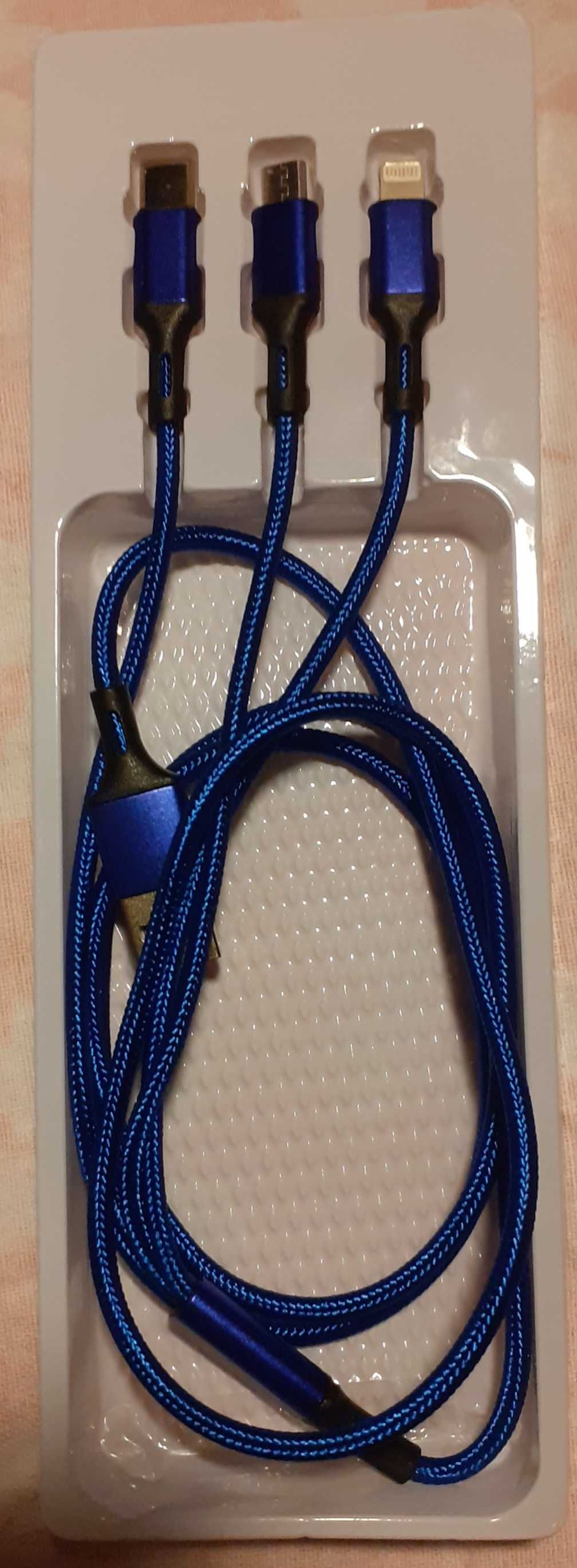 NOWY (w pudełku) kabel USB 115 cm na 3 wtyki: micro USB, USB C, iPhone