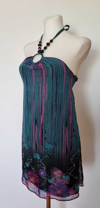 Piękna Kolorowa zwiewna sukienka na LATO ozdoby dekolt korale