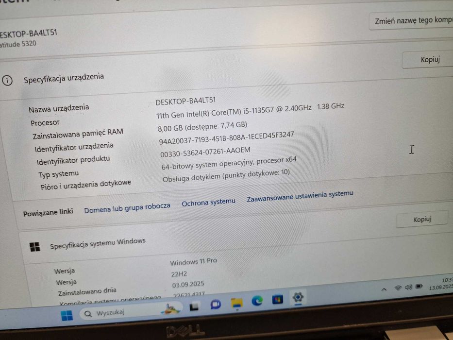 DELL Latitude 5320/ i5-1145G7/ 8GB/ 256GB/ 13.3" FHD dotyk/ czytaj uwa
