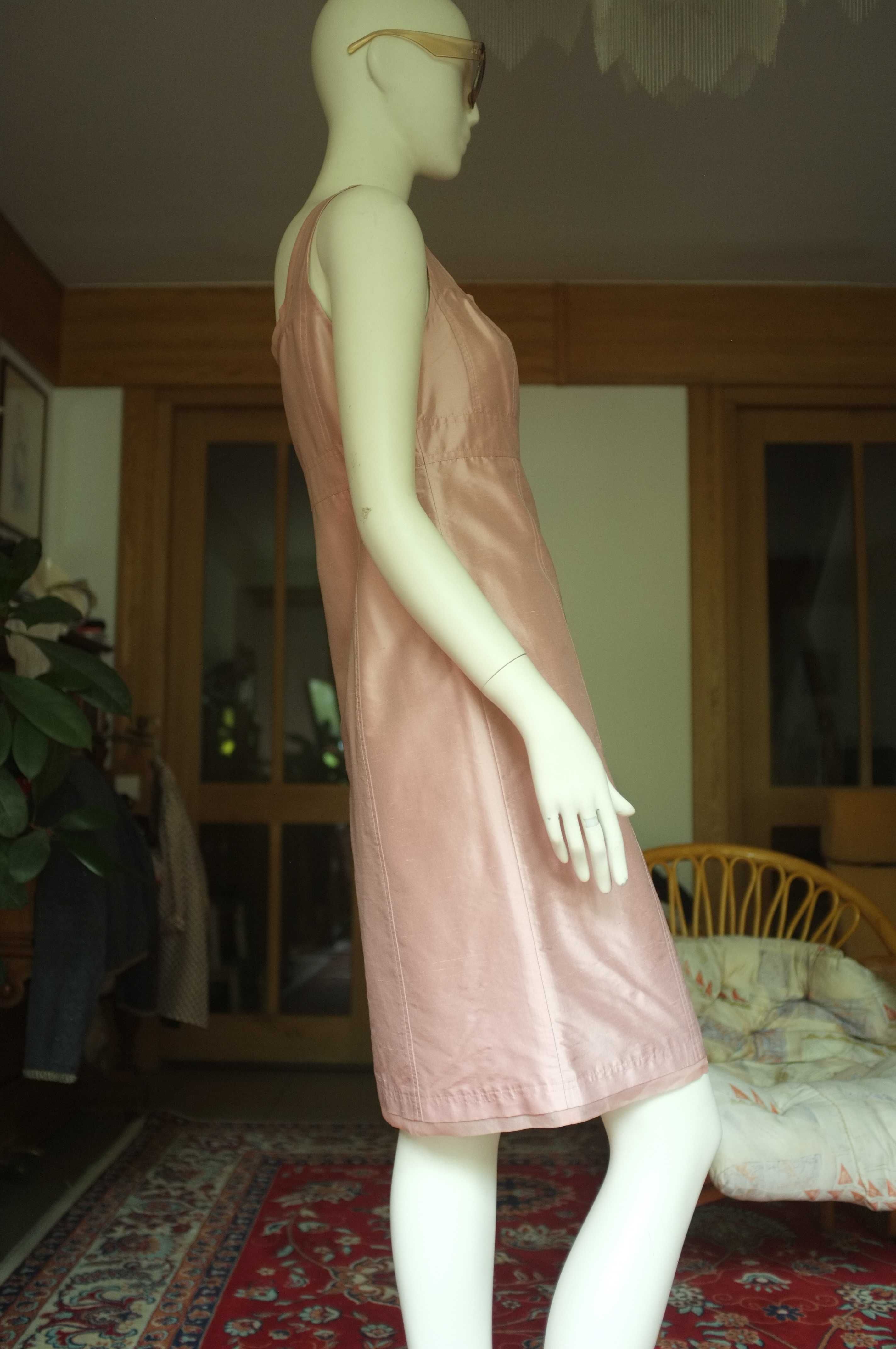pudrowa elegancka sukienka Tara 100% jedwab szantung różowa klasyczna