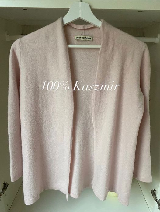 Pudrowy różowy kardigan narzutka XS 34 100% Kaszmir